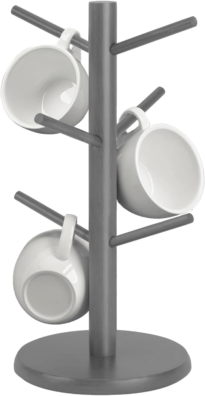 Wooden Mug Holder Tree, Coffee Cup Holder, Mug Organizer with 6 Hooks (Gray)