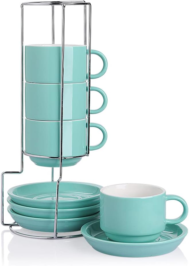 Sweejar Porcelain Cappuccino Cups with Saucers and Metal Stand, 8 Ounce Stackable Espresso Cups for Specialty Coffee Drinks, Latte, Americano, Tea - Set of 4 (Turquoise)