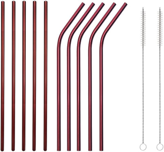 10 Pcs Stainless Steel Straws, Reusable Drinking Straws, 5 Straight + 5 Bent Metal Straws Set With 2 Pcs Cleaning Brushes (Red, 8.5 Inch)