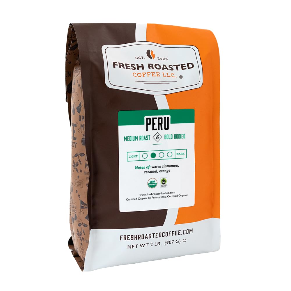 Fresh Roasted Coffee, Organic Peru | Mold & Myco 3rd Party Tested, USDA Organic, Kosher | Med Roast 2 lb (32 oz) Whole Bean