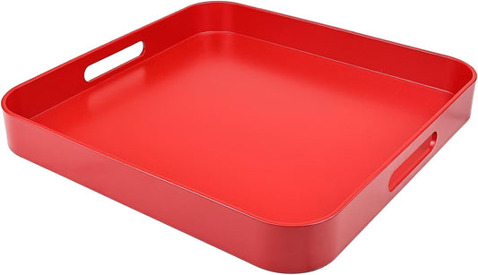 Square Red Decorative Serving Tray with Handles, Versatile Ottoman Tray for Coffee Table, Entertaining, Outdoor Patio, Living Room, 13”*13”*1.6”