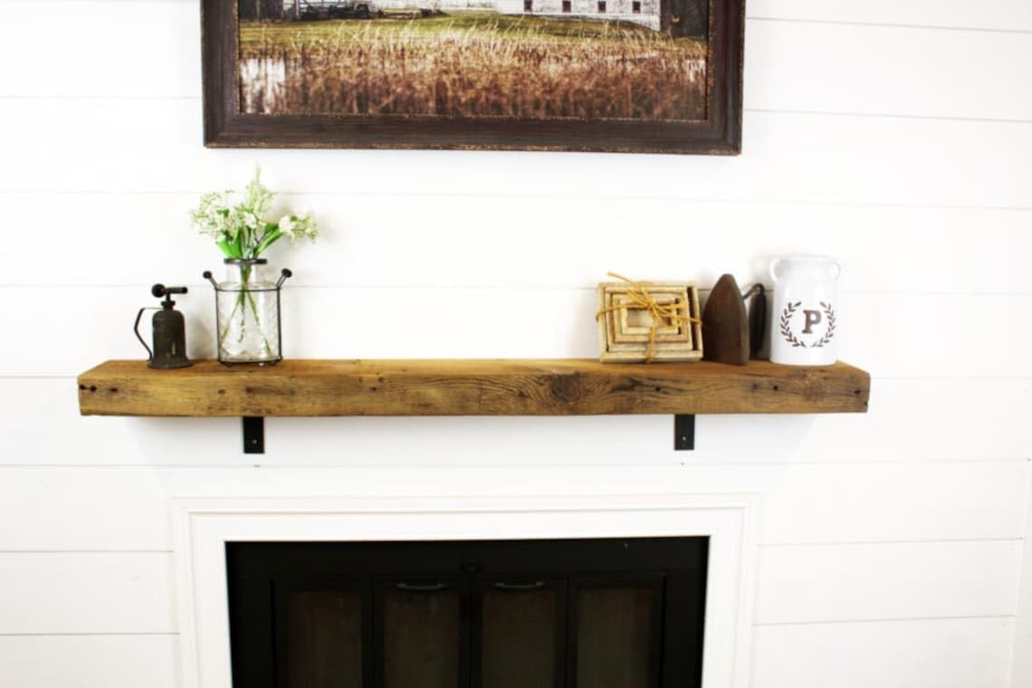 Modern Timber Craft Reclaimed Wood Fireplace Mantel Shelf | Solid Rustic American Barnwood with Steel Floating Shelf Brackets | 2.75" Thickness | 72" L x 10" D, Jacobean, Planed and Sanded