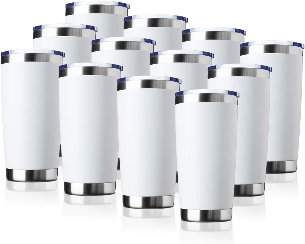 20oz Tumbler Bulk Stainless Steel Vacuum Insulated Tumblers with Lid Double Wall Travel Mug, Durable Powder Coated Coffee Cup, Suitable for Ice Drinks and Hot Beverage (White 12pack)