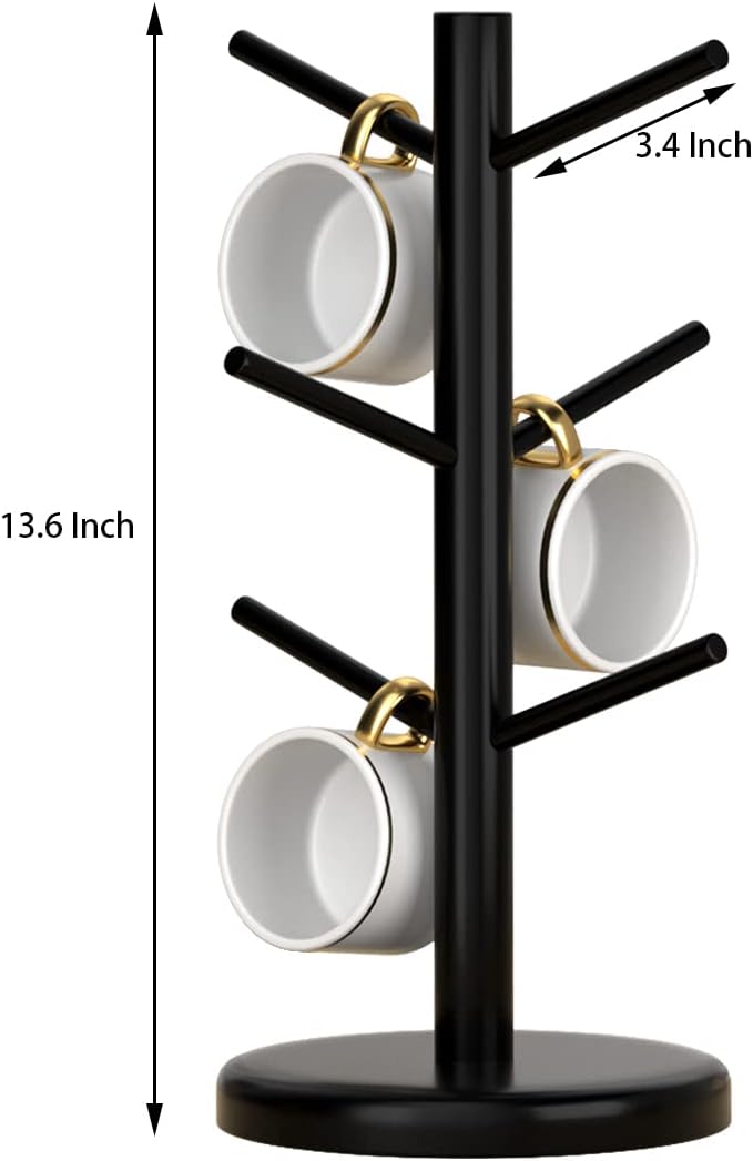Dorhors Mug Holder Tree,Coffee Cup Holder with 6 Hooks, Wood Mug Rack for Counter,Coffee Bar Accessories and Orgnizer Station,Black