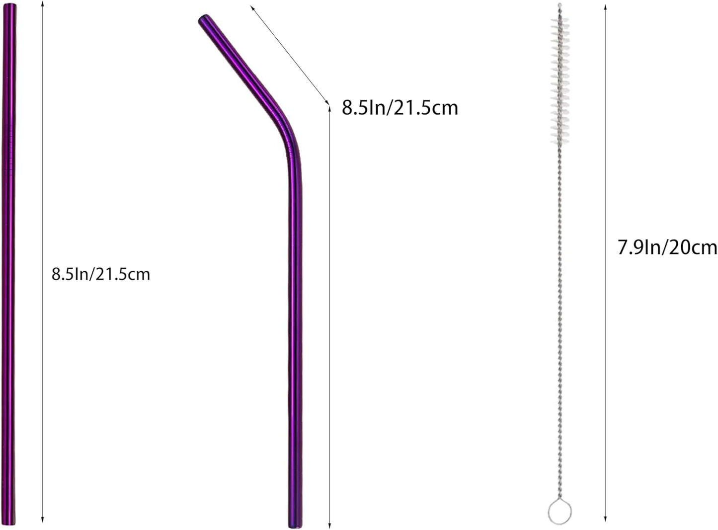 10 Pcs Stainless Steel Straws, Reusable Drinking Straws, 5 Straight + 5 Bent Metal Straws Set With 2 Pcs Cleaning Brushes (Purple, 8.5 Inch)