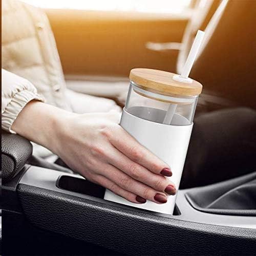 Tronco 20 oz Glass Tumbler Glass Water Bottle Straw Silicone Protective Sleeve Bamboo Lid - BPA Free - Black White/ 4 Pack