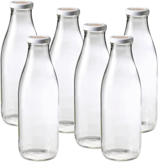 Le Parfait Bottles French Glass Milk Bottle with 48mm Printed Logo Airtight Metal Twist Cap | Used for Smoothie, Water Bottle, Preserved Tomato Sauce & other Soups| 32oz (Pack of 6) 1 Liter
