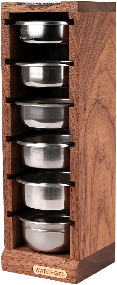 watchget 58mm Espresso Filter Basket Stand, Walnut Wooden Storage Holder for 6Pcs Coffee Baskets and Puck Screens - Espresso Machine Accessories Coffee Station Organizer Rack