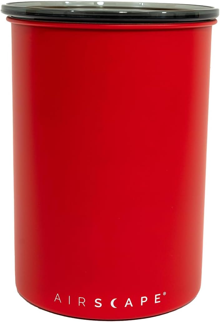 Planetary Design Airscape Stainless Steel Coffee Canister | Food Storage Container | US Patented Airtight Lid | Push Out Excess Air Preserve Food Freshness (Medium, Matte Red)