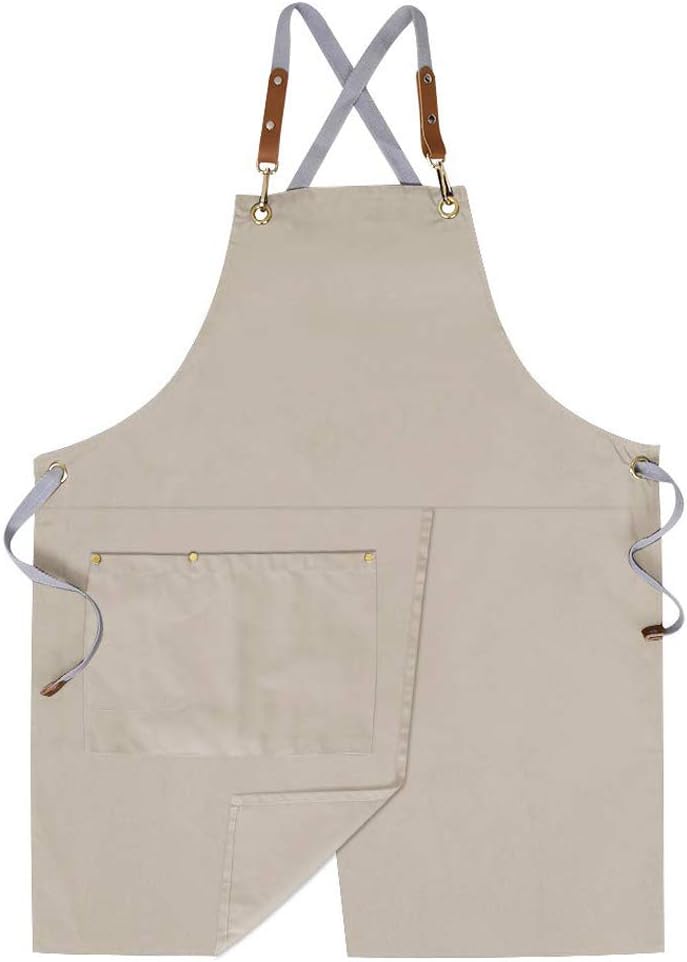 Mignongirl Crossback Apron with Pockets x2,Split Apron with Adjustable Straps,M-XXL (Beige)
