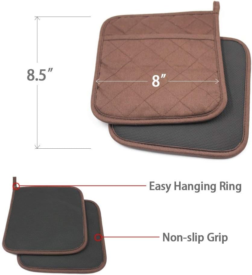Cotton and Neoprene Oven Pads Pot Holders with Pocket 8"x8.5" Dual-Function Hot Pad Set for Finger Hand Wrist Protection Heat Resistant to 428°F Brown