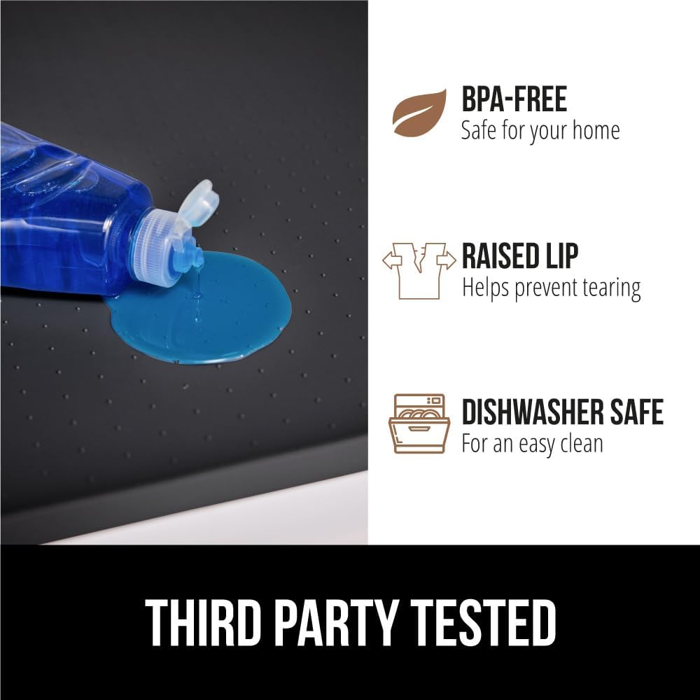 GORILLA GRIP Waterproof Silicone Under Sink Mat with Raised Lip for Kitchen and Bathroom, Cabinet Shelf Liner Stay in Place Mats Dishwasher Safe Drawer Liner, Organizer Tray, 19 x 22 in, Black