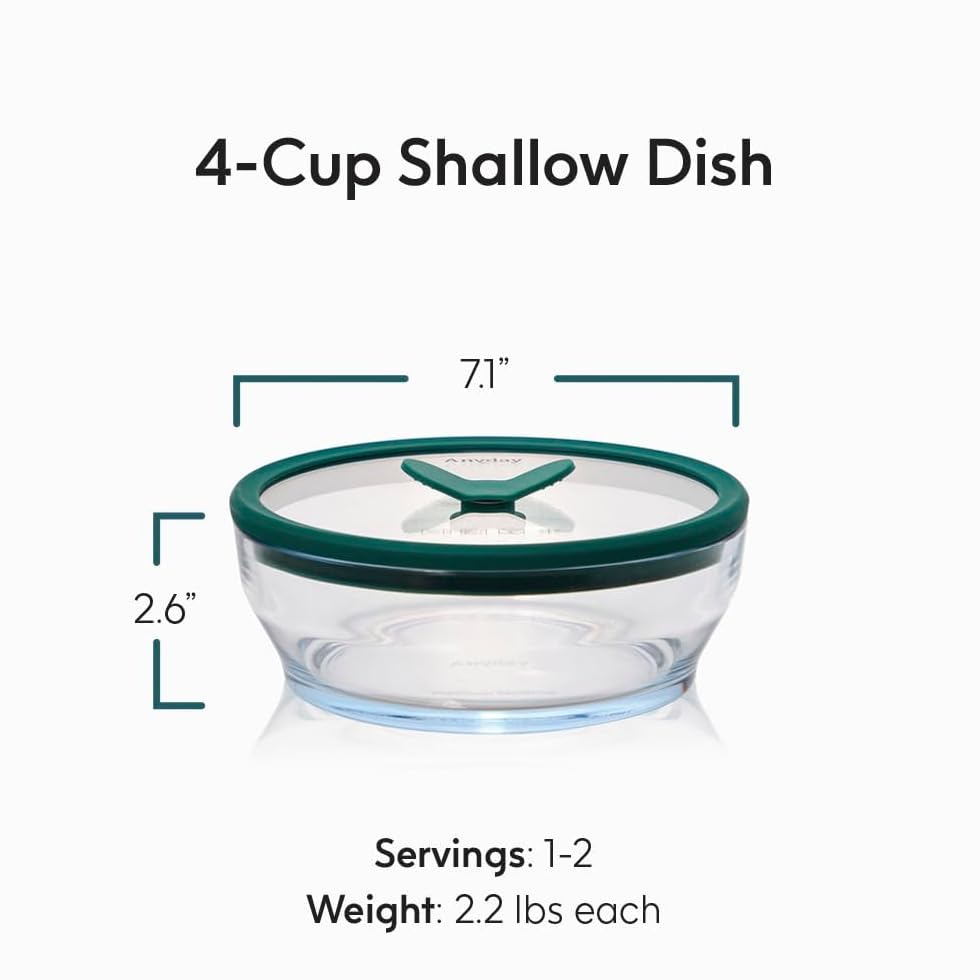 Anyday 4-Cup Glass Food Storage with Glass Lid, Round Shallow Dish | Plastic-Free Meal Prep & Microwave Cookware | Stackable Airtight Storage Container with Vented Lid for Microwave-Safe Reheating