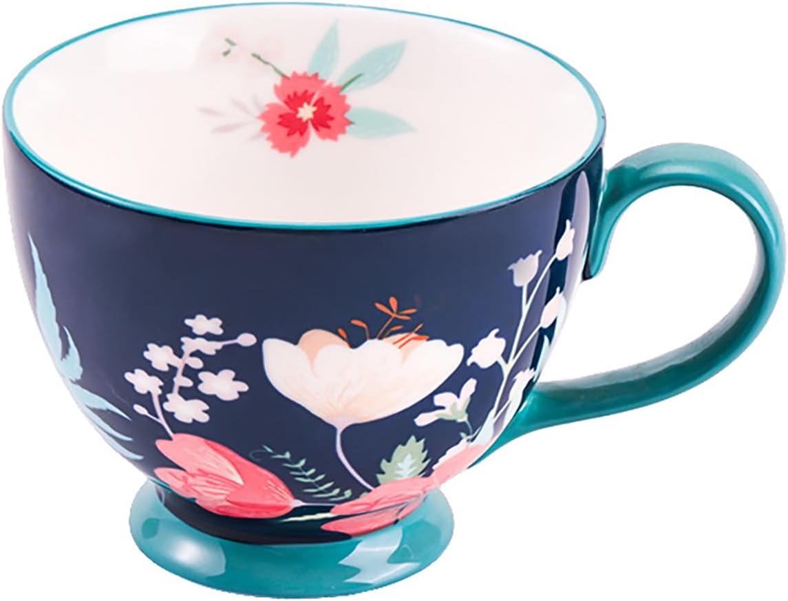 Vintage Flower Mugs – Large Ceramic Coffee Mug (15oz) – Cute Cereal Cup for Breakfast, Oatmeal Tea & Hot Drinks – Handmade Ceramic Cup with Floral Design