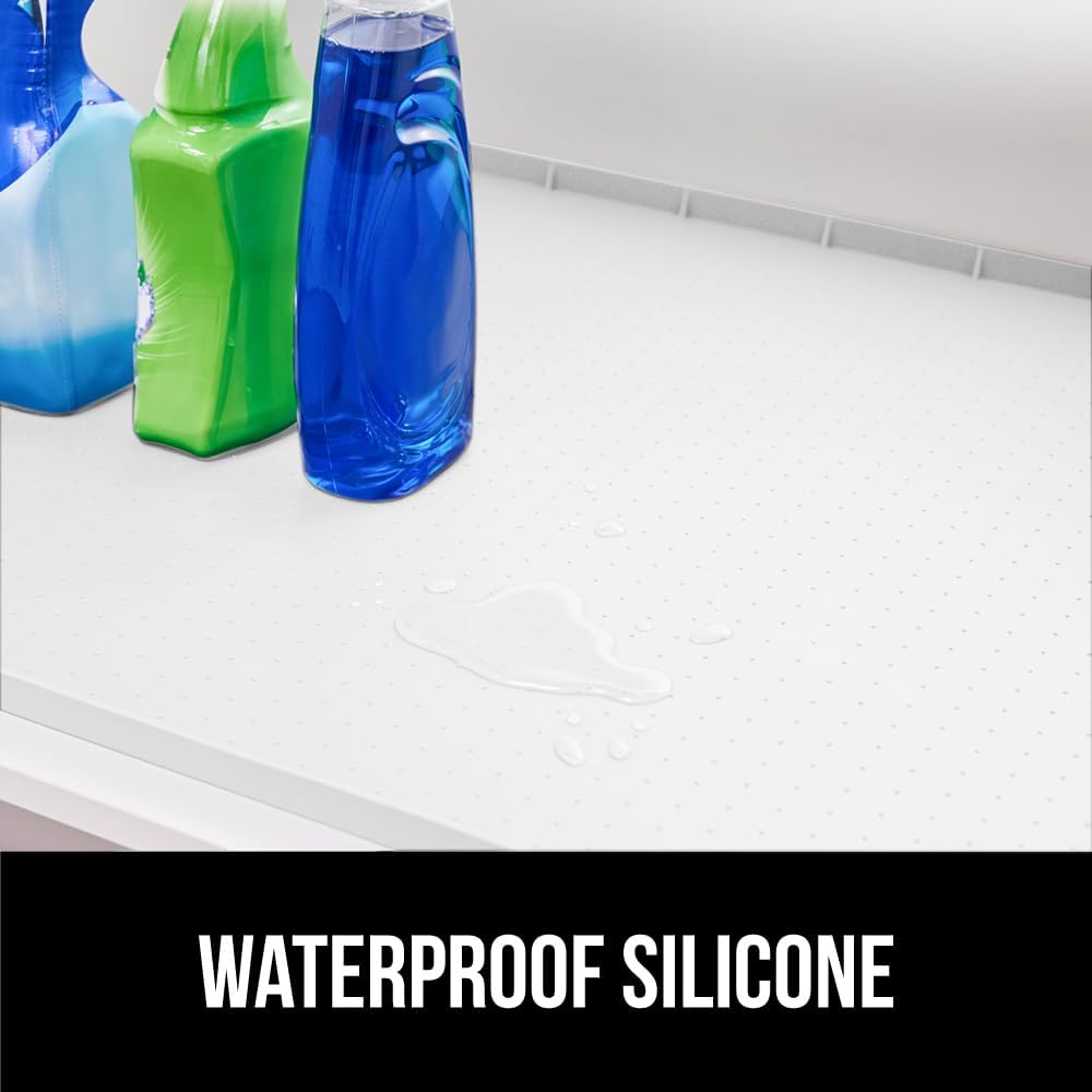 GORILLA GRIP Waterproof Silicone Under Sink Mat with Raised Lip for Kitchen and Bathroom, 28 x 22 in, Cabinet Shelf Liner Stay in Place Mats Dishwasher Safe Drawer Liner, Organizer Tray, White