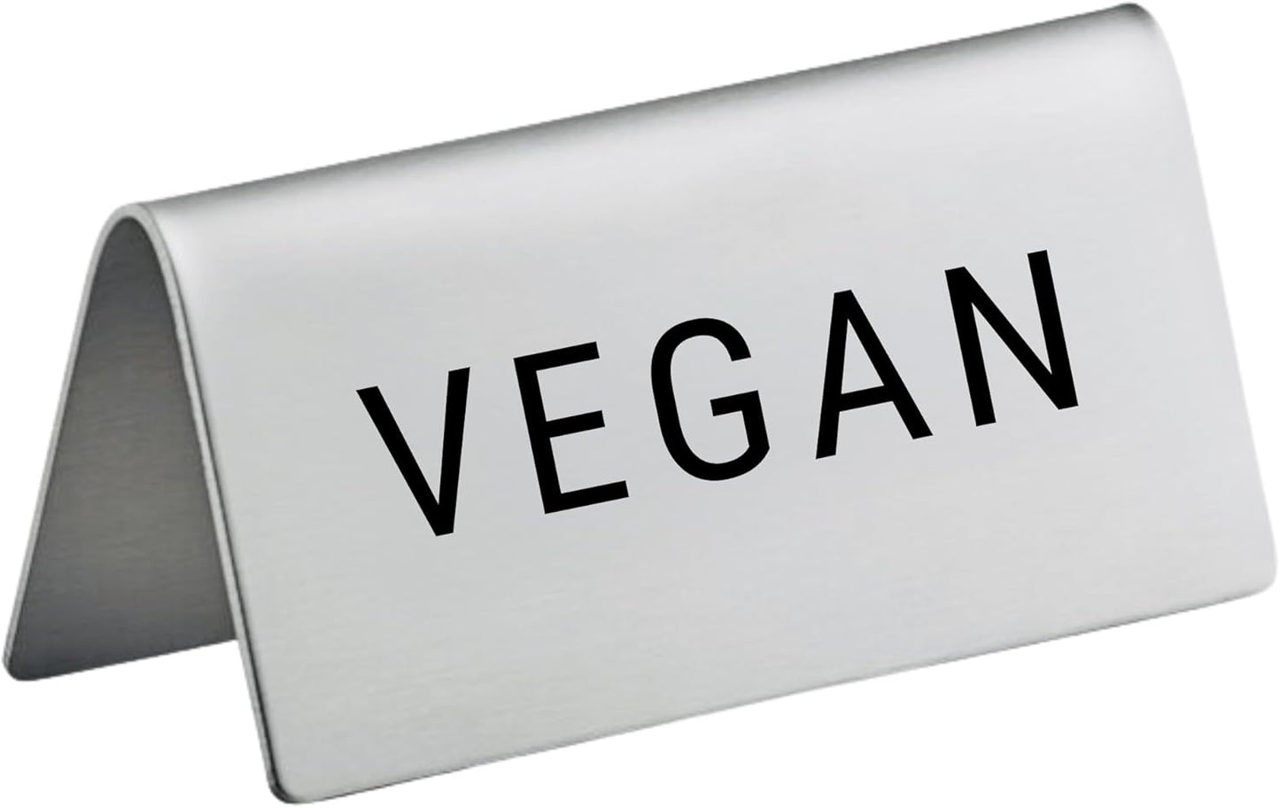 Vegan Stainless Steel Metal Table Tent Sign - 3" x 1-1/2" - Table Top Setting for Restaurants, Catering Businesses, Business. Great for Wedding, Banquet, Buffet, Party, Events. To Label Food Areas for