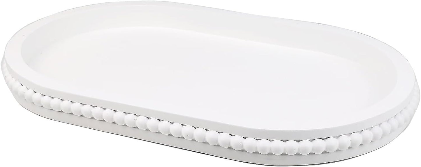 Oval Wood Serving Tray with Wooden Beads, Outdoor Farmhouse Decorative Tray for Ottoman, Coffee Table, Kitchen Counter Organizer, Home Decor(White)