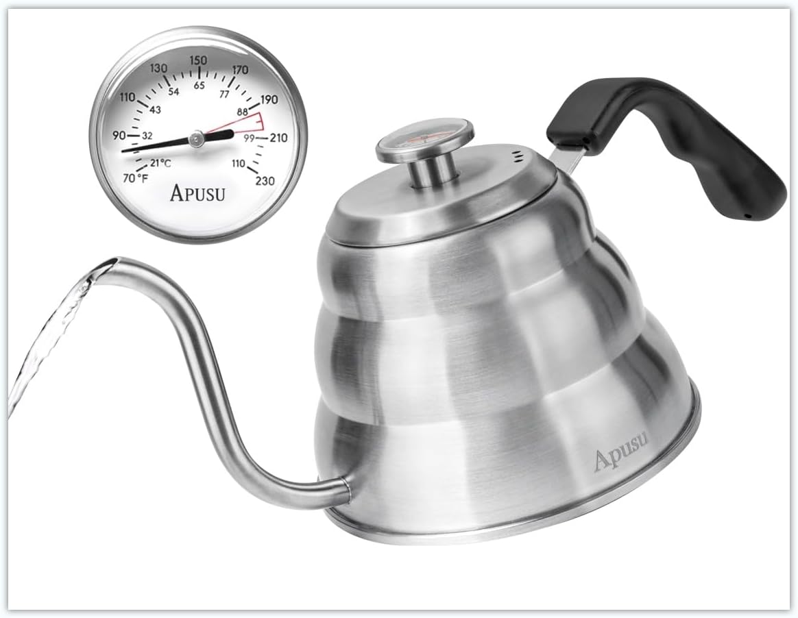 Pour Over Kettle for Manual Drip Coffee and Tea with Thermometer 28oz Gooseneck Kettle with Flow Control Stainless Steel Water Kettle for Stovetop,800ml,4 Cup,Silver,1Pack