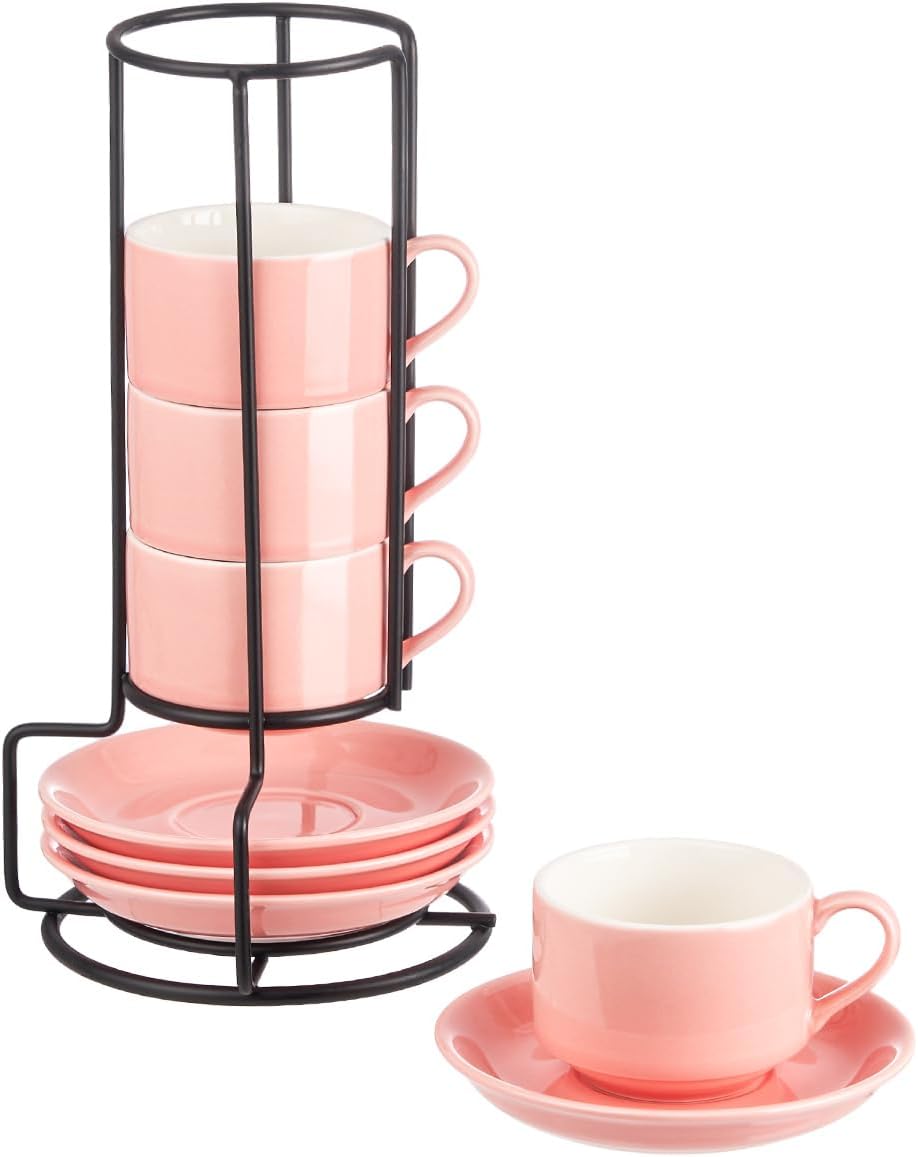 YOLIFE 2.5oz Porcelain Stackable Espresso Cups with Saucers and Metal Stand Set of 4, Stackable Cappuccino Cups, Pink Expresso Shots Cup Set for Coffee Drinks, Latte, Tea