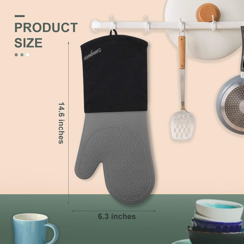 sungwoo Extra Long Silicone Oven Mitts, Heat Resistant Oven Gloves with Quilted Liner Non-Slip Textured Grip Perfect for BBQ, Baking, Cooking and Grilling - 1 Pair 14.6 Inch Grey & Black