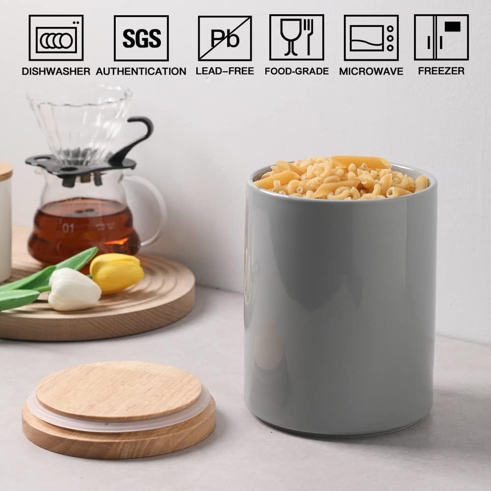 Sweejar Kitchen Canisters Ceramic Food Storage Jar, Stackable Containers with Airtight Seal Wooden Lid for Serving Coffee Bean, Flour, Tea, Cookies and More - 73 Fl Oz(Gray)