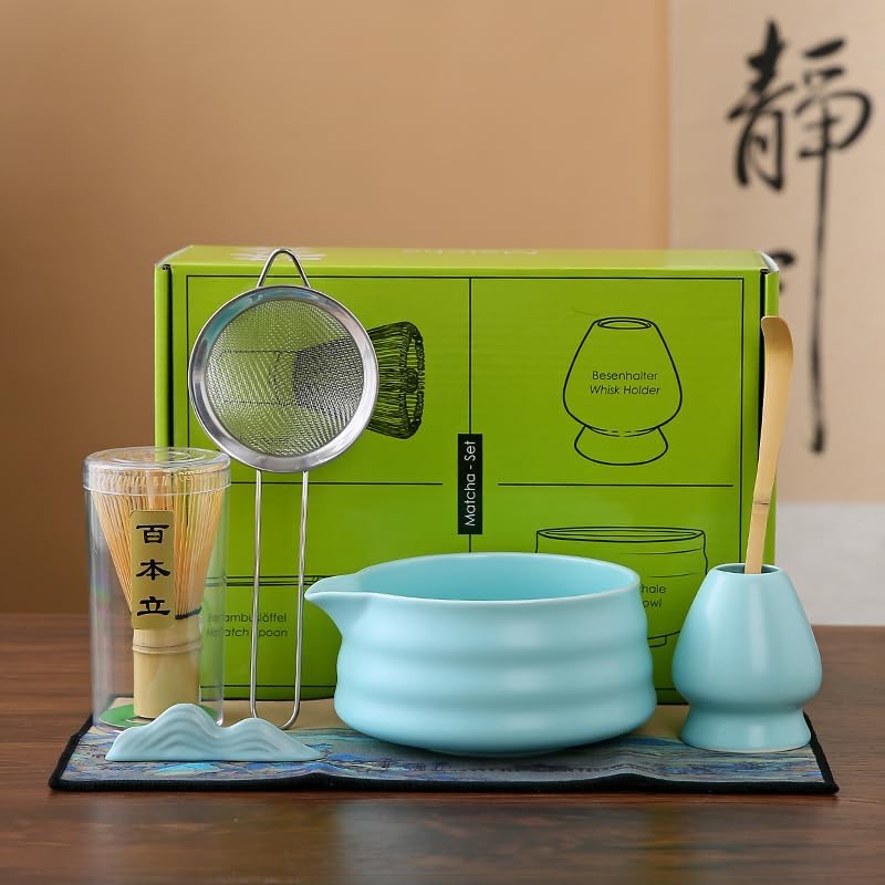 Matcha Set Matcha Whisk Matcha Bowl With Water Ladle Matcha Whisk Holder Tea Making Kit.Japanese Tea Set(7pcs)+1Spoon，Celadon Blue gift set