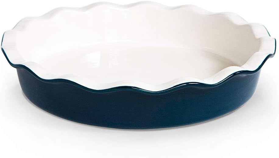 KooK Deep Dish Pie, Pecan Dessert Dish, Porcelain, Ceramic, Deep Dish Plate 10 Inch, Apple Pie, Ruffled Wave Edge, Reusable Round Pan, Oven and Dishwasher Safe, 44 Oz (Navy Blue)