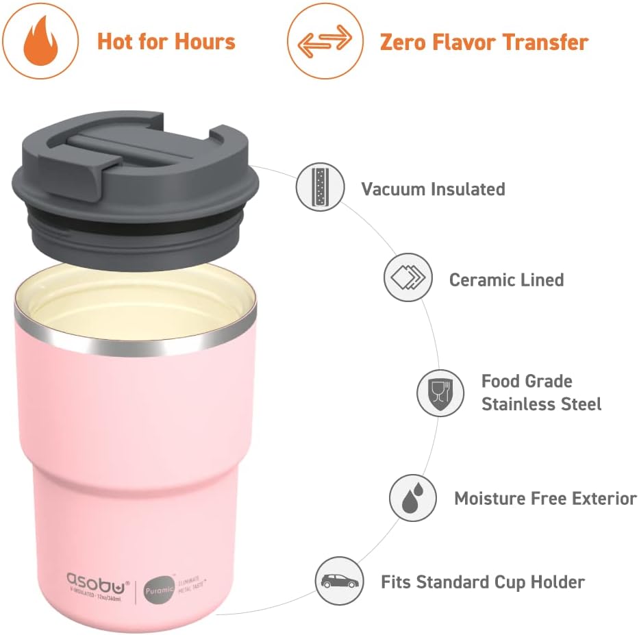 asobu Travel Mug Ceramic Coated Stainless Steel Insulated with Leak and Spill Proof Lid – Fits Standard Cup Holders 12 oz Tumbler (Pink)