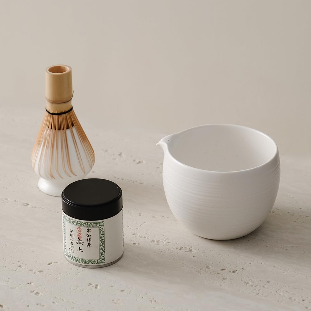 WENSHUO Matcha Whisk Set, Ceramic Matcha Bowl & Whisk Holder, Bamboo Accessory, Modern Design (Matte White, Pouring Spout)
