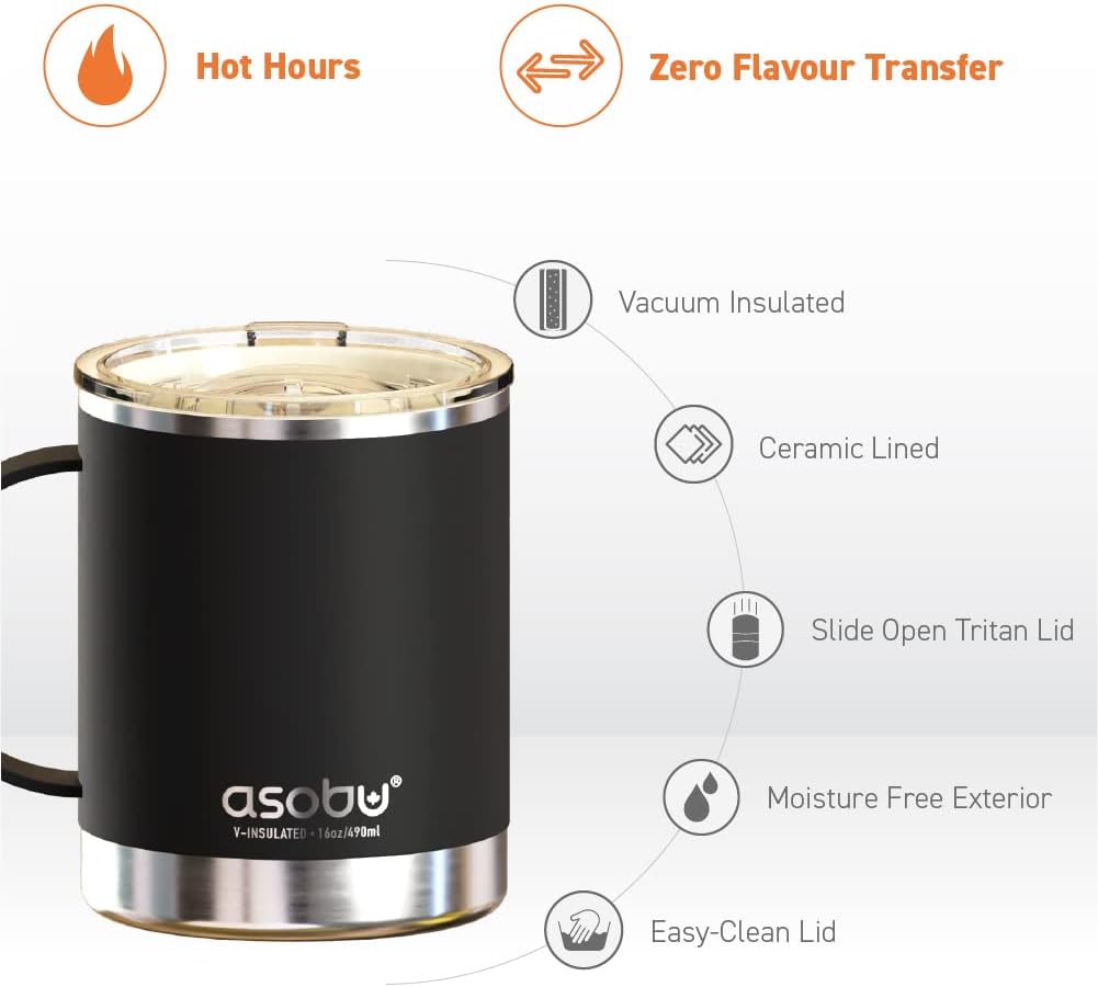 asobu Ultimate Ceramic Travel Mug, 12oz Insulated Stainless Steel Coffee Cup with Handle & Splash-Resistant Lid, Ceramic Lined for Pure Taste, BPA-Free, Double-Wall Vacuum for Hot Drinks