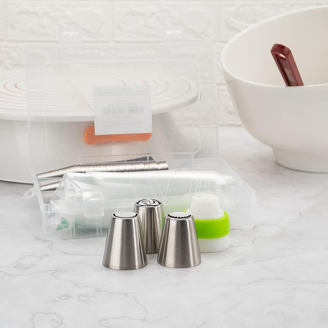 Restaurantware Pastry Tek Russian Piping Tips Set 68 Piece Durable Cake Decorating Kit - 57 Piping Tips 10 Piping Bags Stainless Steel Piping Bags And Tips Set 1 Tri-Color Coupler