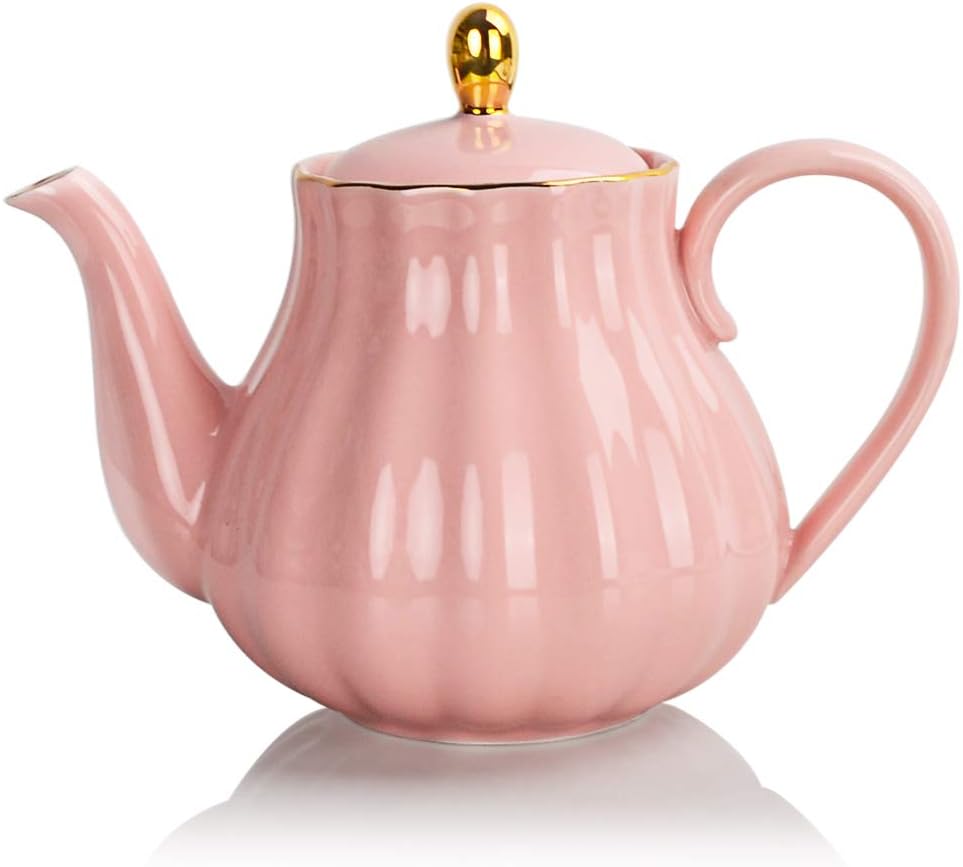 Sweejar Royal Teapot, Ceramic Tea Pot with Removable Stainless Steel Infuser, Blooming & Loose Leaf Teapot - 28 Ounce(Pink)