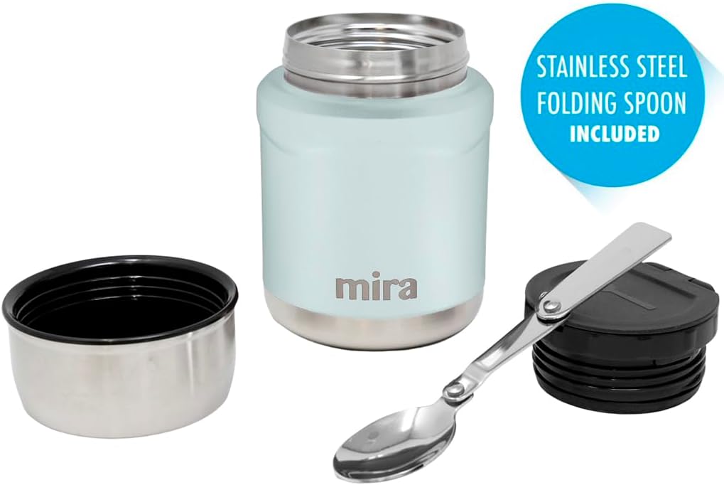 MIRA 15 oz Insulated Food Thermos for hot and cold foods - Leak-Proof Stainless Steel Container with Spoon - Pearl Blue