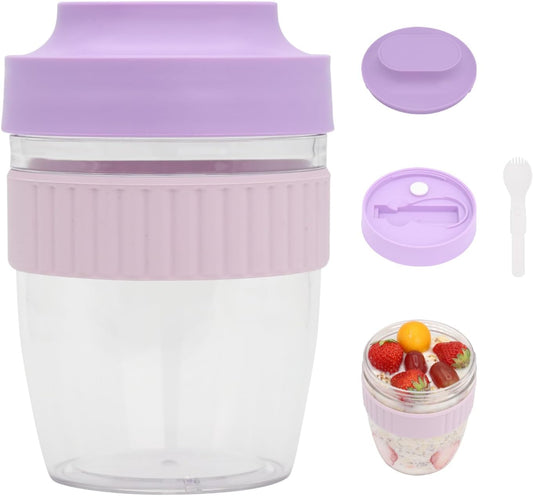 Breakfast On The Go Cups, Overnight Oats Containers With Lid And Folding Spoon, Take And Go Yogurt Cereal Snack Parfait Salad Containers For Lunch, Fruit & Vegetable Jar, 20 oz(Purple)