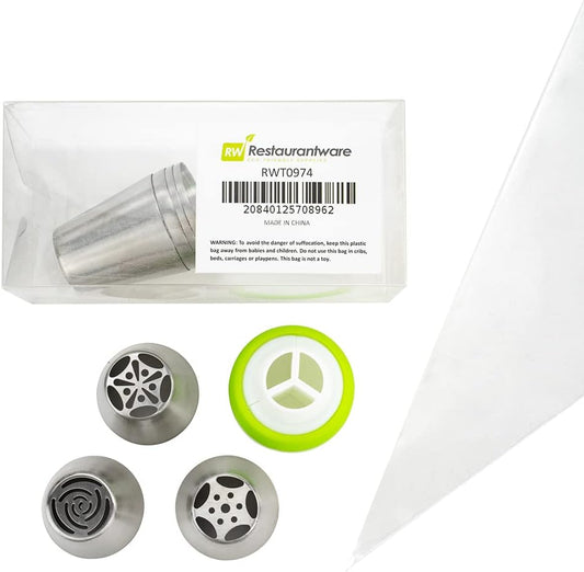 Restaurantware Pastry Tek Russian Piping Tips Set 18 Piece Durable Cake Decorating Kit - 7 Piping Tips 10 Piping Bags Stainless Steel Piping Bags And Tips Set 1 Tri-Color Coupler