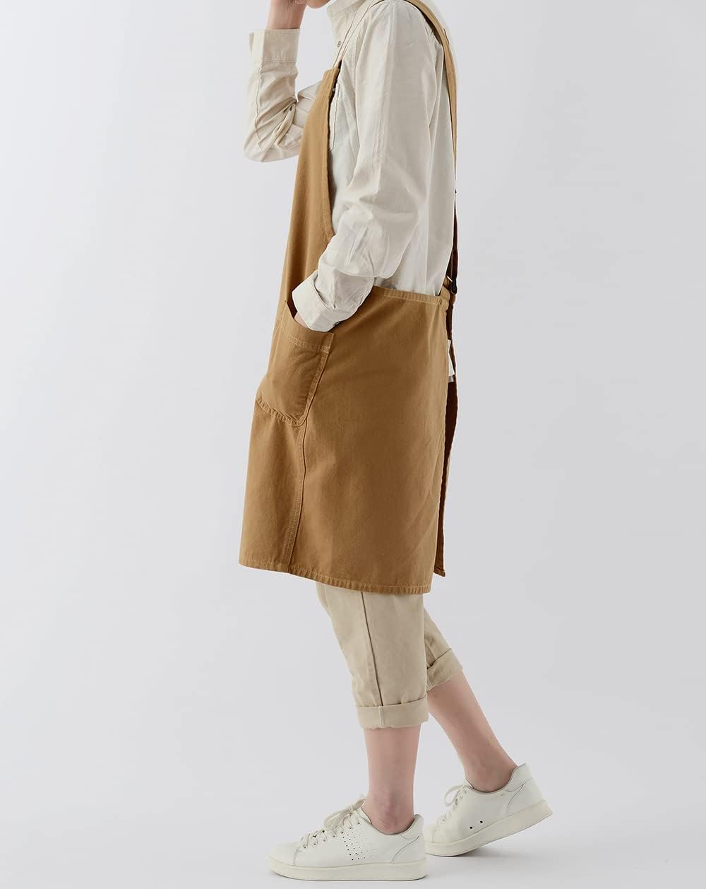 Soft Cotton Linen Apron for Women - Non-tie Cross Back Apron with Pockets, Great for Florist and Kitchen