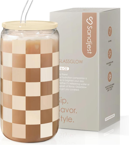 SANDJEST Checkerboard Glass Can, Beige Checker Cup with Lid & Straw, Iced Coffee Aesthetic Cups, Gift for Christmas Birthday Mother Day, Gifts for Women, 16oz