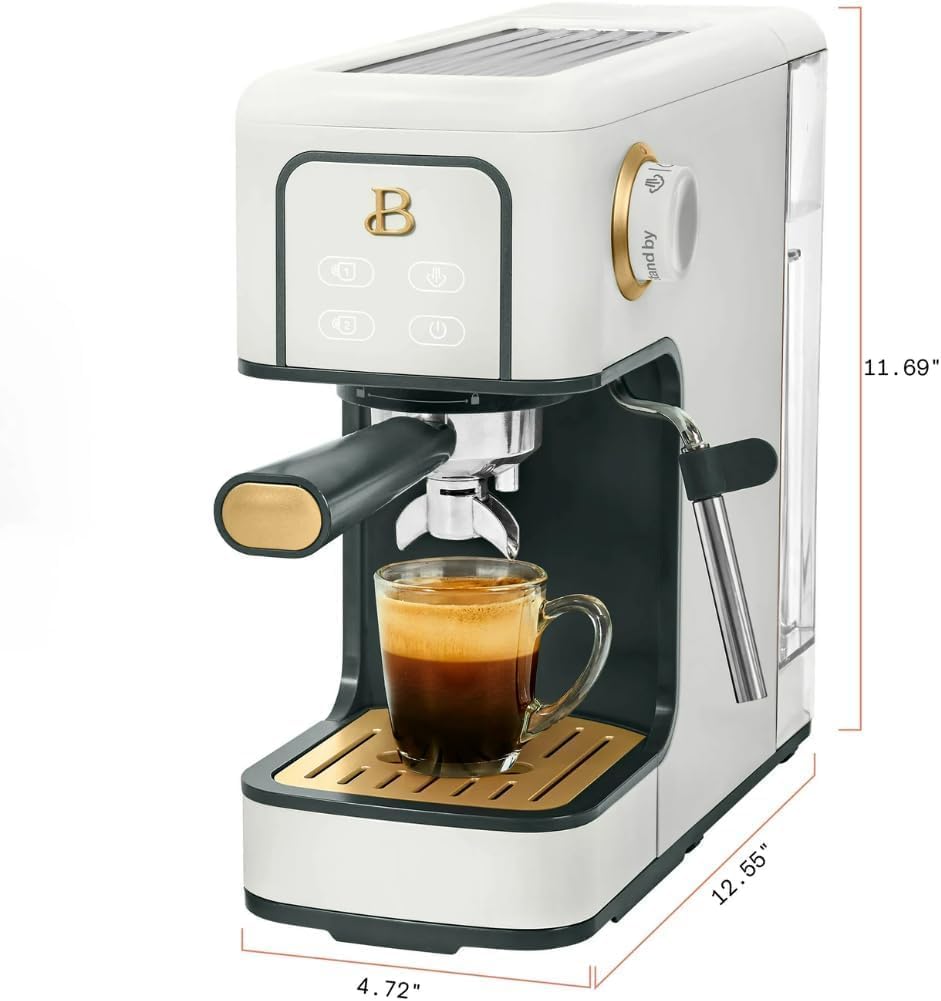 Beautiful Slim Espresso Maker by Drew Barrymore – 20‑Bar Pressure, Dual‑Spout 52 mm Portafilter, 50 oz Removable Tank, 2‑in‑1 Steam Wand & Touch Controls (White Icing)