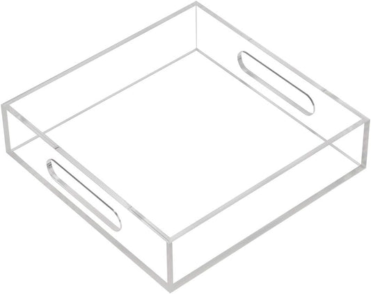 Clear Sturdy Acrylic Tray with Handles-8"x8"x2"H-Countertop Organizer Tray for Kitchen,Bathroom,Office- Storage Box for Cosmetics, Jewelry,Toiletries,Toy,Gadgets