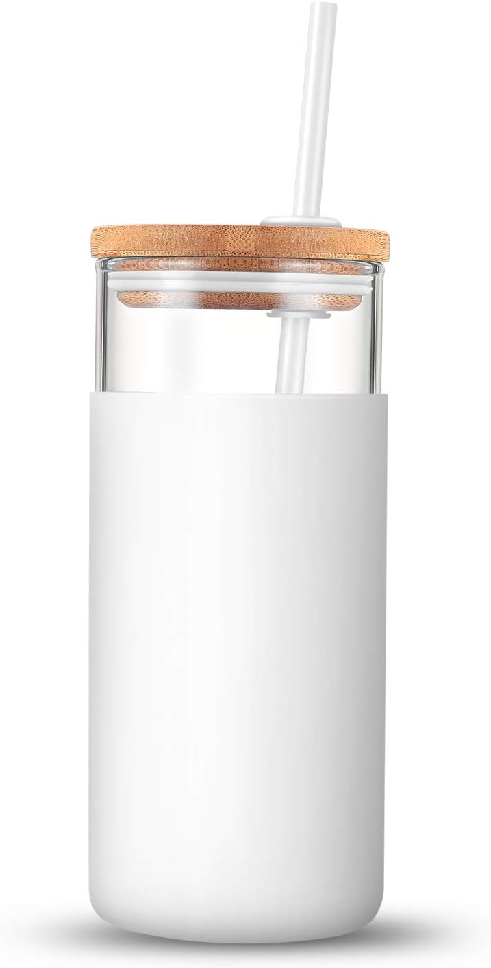 Tronco 20 oz Glass Tumbler Glass Water Bottle Straw Silicone Protective Sleeve Bamboo Lid - BPA Free - White Amber/ 2 Pack