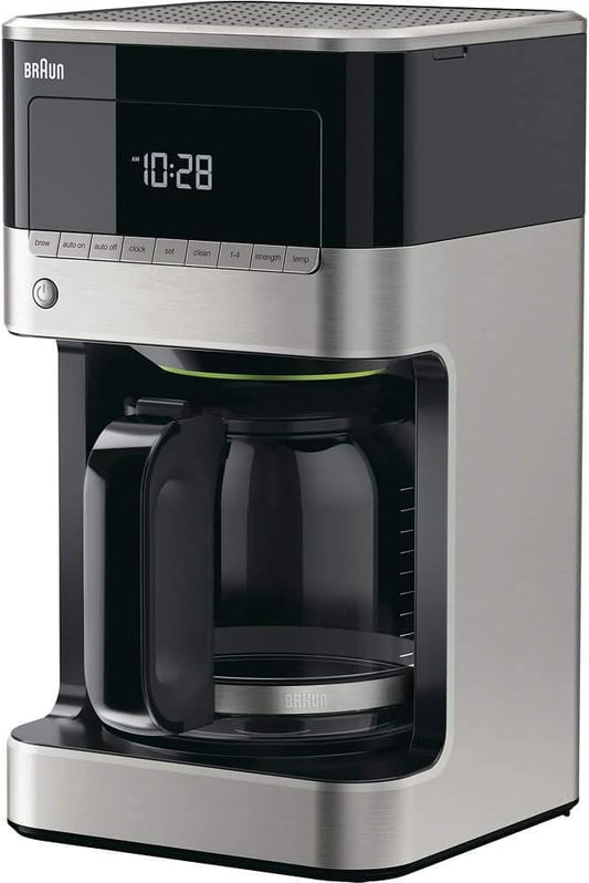 Braun BrewSense 12 Cup Drip Coffee Maker - Pause & Pour Mid Brew, Coffee Machine with 24-Hour Timer & Clock, Bold & Regular Strength, 1-4 Cup Functions, Self Clean, Auto Shutoff, Stainless Steel