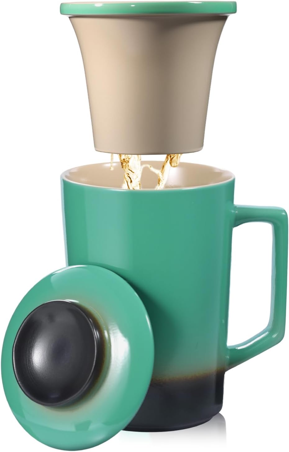 15 OZ Porcelain Tea Infuser Cup with Lid,Ceramic Tea Mug with All-Porcelain Strainers for Loose Leaf Teas,Microwave and Dishwasher Safe Coffee Mug,Metal-Free,BPA-Free,Gifts for Tea-Lover (Green)