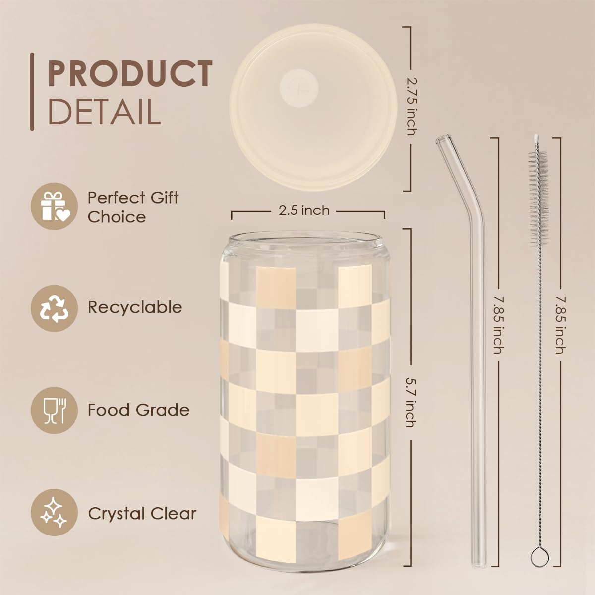 SANDJEST Checkerboard Glass Can, Beige Checker Cup with Lid & Straw, Iced Coffee Aesthetic Cups, Gift for Christmas Birthday Mother Day, Gifts for Women, 16oz