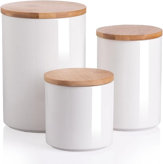 Sweejar Ceramic canisters for kitchen counter,Stackable Food Containers Set with Airtight Seal Bamboo Lid for Serving Ground Coffee, Tea, Spice, Flour and Sugar-Set of 3 (White)