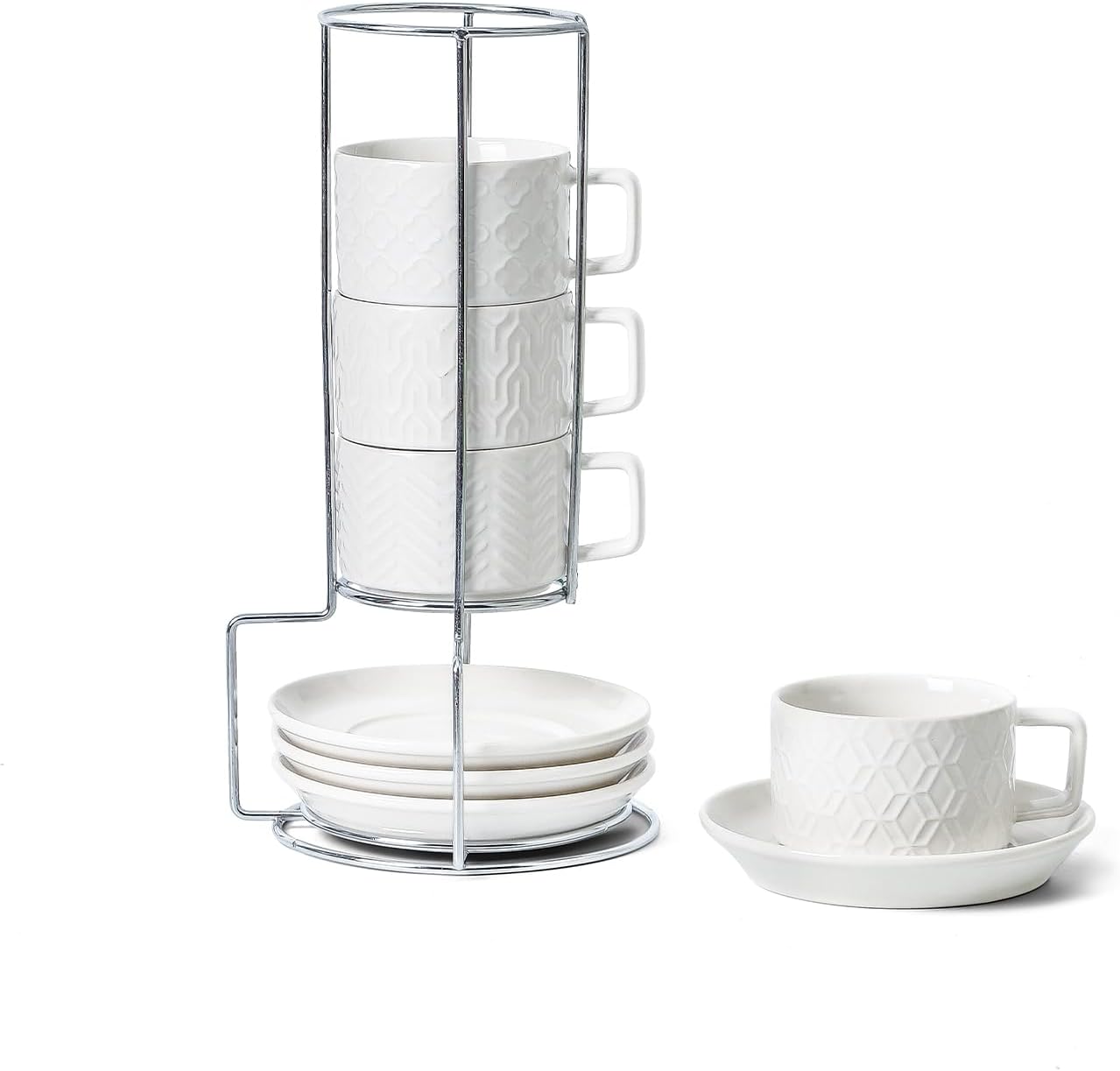 Sureasy Ceramic Espresso Cups Set of 4 – 4 oz White Embossed Cappuccino Cups with Saucers and Metal Stand, Stackable Mugs for Latte, Mocha, Tea, and Specialty Coffee
