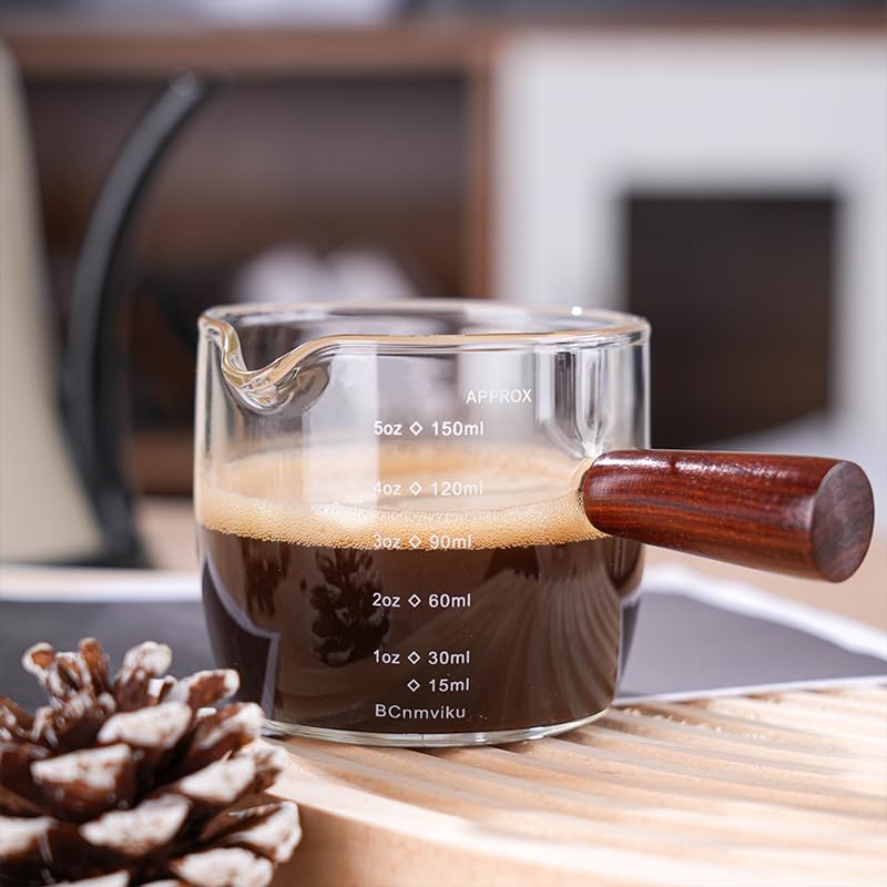 BCnmviku Espresso Shot Glass 150ML/5OZ Triple Pitcher Barista Single Spouts With Wood Handle (1)