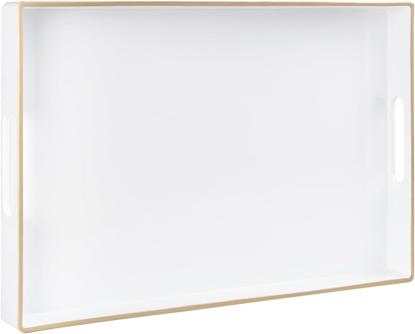 MAONAME White Decorative Tray for Coffee Table, Modern Serving Tray with Handles, Plastic Rectangular Tea Tray for Ottoman, Bathroom Decor, 15.8” X 10.2” x1.4