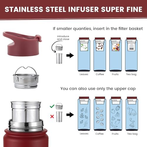 Lexlion 22 Oz Triple Walled Insulated Stainless Steel Fruit Infuser Water Bottle, 3 Lids, Silicone Sleeve, Leakproof, Dishwasher Safe