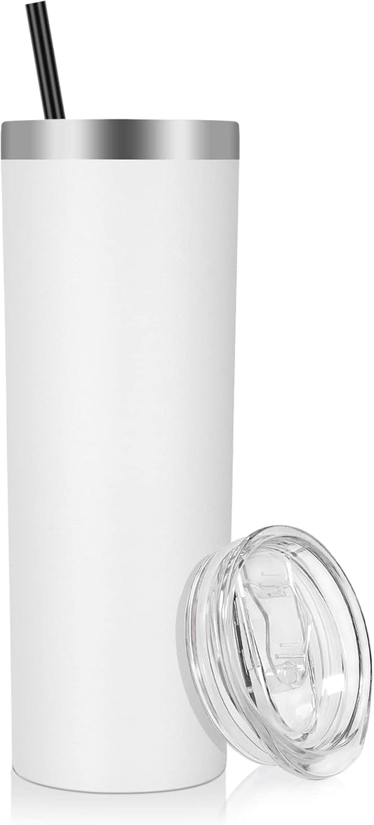VEGOND Stainless Steel Skinny Tumbler, 20 oz Vacuum Insulated Tumbler with Lid and Straw, Double Wall Coffee Cup, Travel Mug for Cold Hot Drinks, White 1 Pack