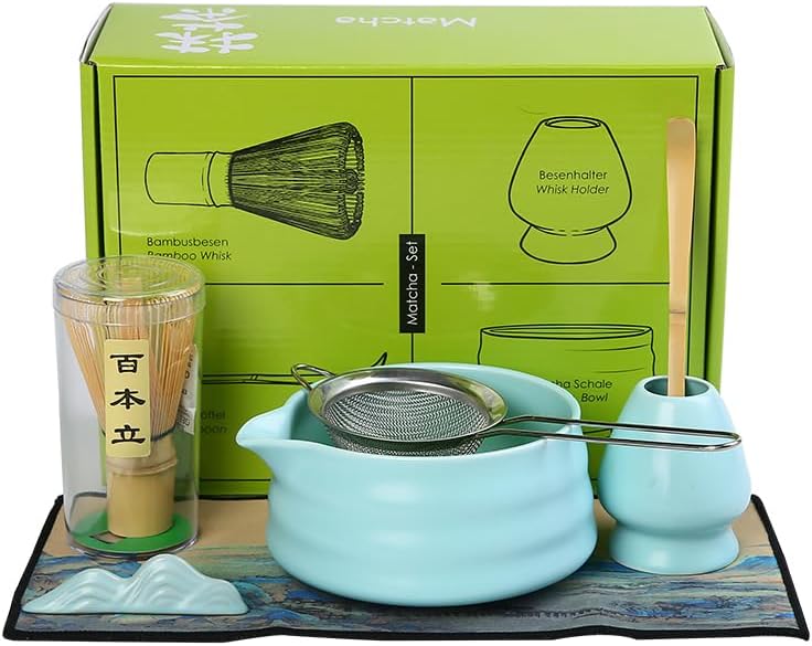 Matcha Set Matcha Whisk Matcha Bowl With Water Ladle Matcha Whisk Holder Tea Making Kit.Japanese Tea Set(7pcs)+1Spoon，Celadon Blue gift set